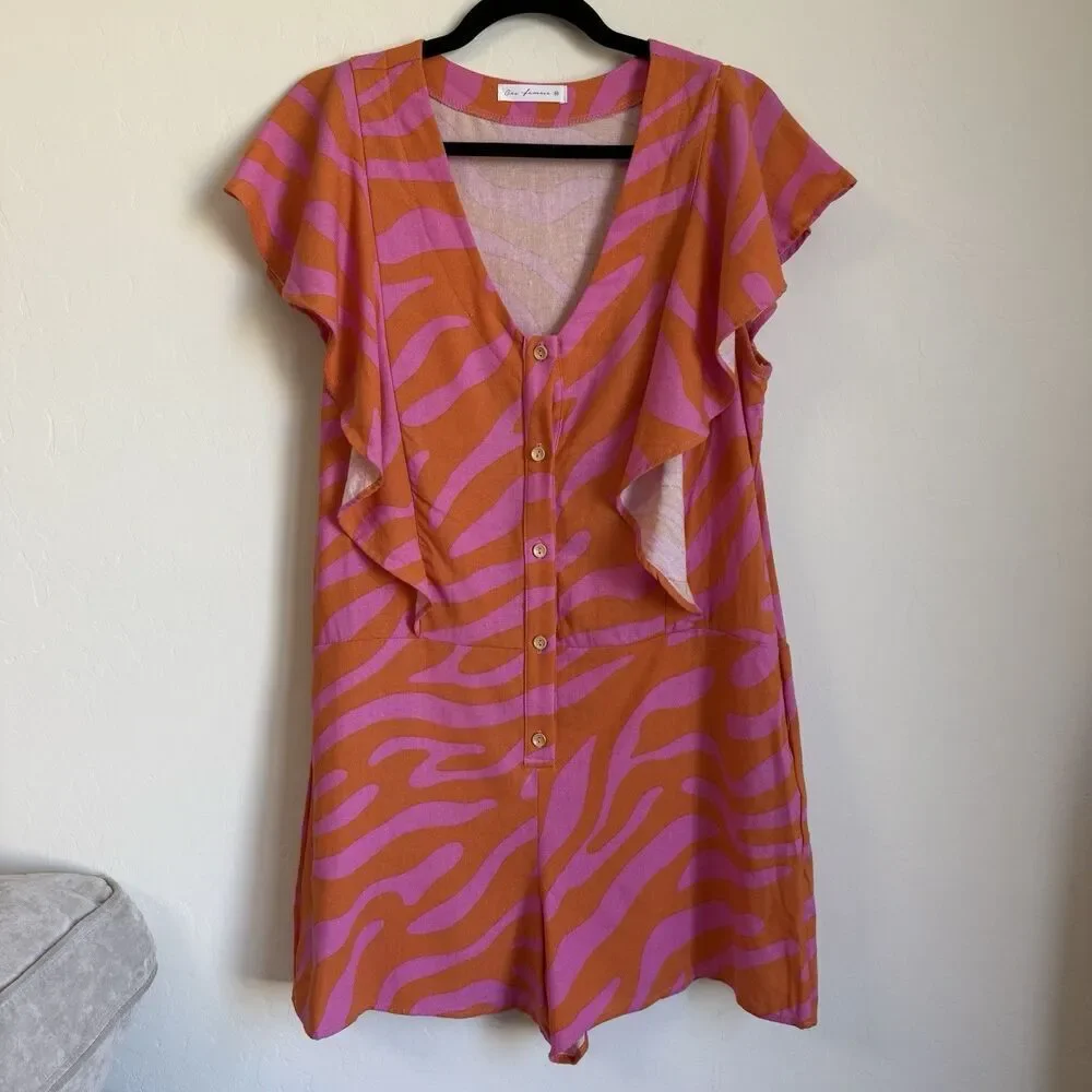 Hot Pink & Orange Zebra Animal Print Linen Blend Romper Artsy Resort Wear Medium